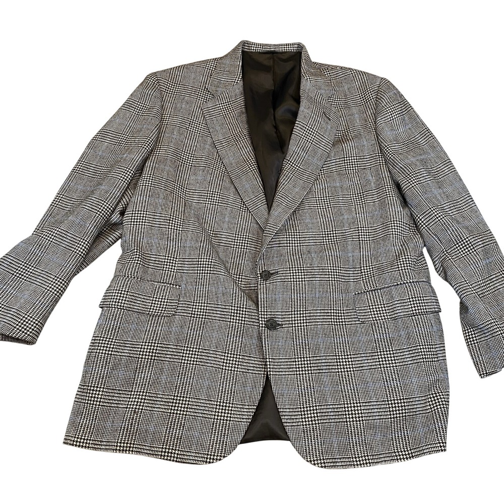 VTG Tom James Randy Gibson Sport Coat Men 52 Gray Black Blue Plaid Blazer Jacket